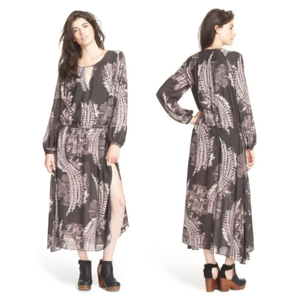 FREE PEOPLE Out of the Woods Raven Boho Long Sleeve Maxi Dress NWT XS Peasant